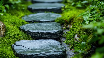 Naklejka premium Stone Path through Lush Green Mossy Garden