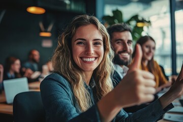 A woman with long hair is smiling and giving a thumbs up, positive and friendly