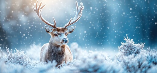 A majestic deer with large antlers rests in a snowy forest, bathed in sunlight.
