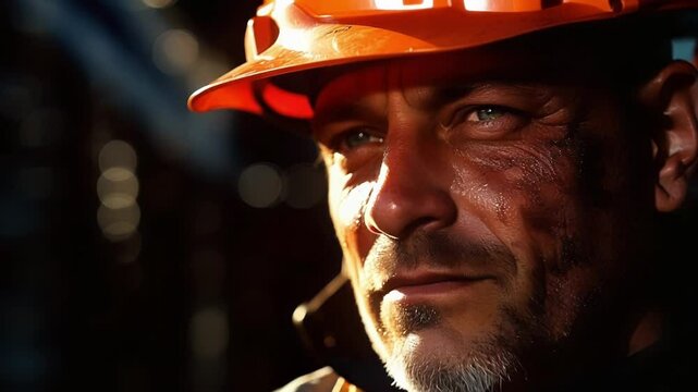 Confident construction worker with blue eyes poses on job site at day's end, dirtied from labor, showcasing strength and toughness in industry