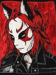 A stylized illustration of a woman with fox ears, wearing a white mask with red accents and a black leather jacket. Her red hair and piercing gaze creates a mysterious and powerful aura.