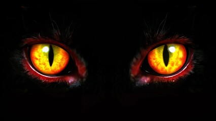 Cat eyes glow in the dark on a black background.