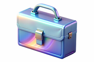 Shiny Holographic Briefcase with Labh Pancham Symbol on White Background with Copy Space - Sleek Design and Soft Glow, Perfect for Business and Technology Concepts