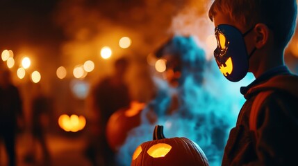 Naklejka premium A child celebrates Halloween, holding a glowing pumpkin, surrounded by a festive atmosphere filled with smoke and lights.