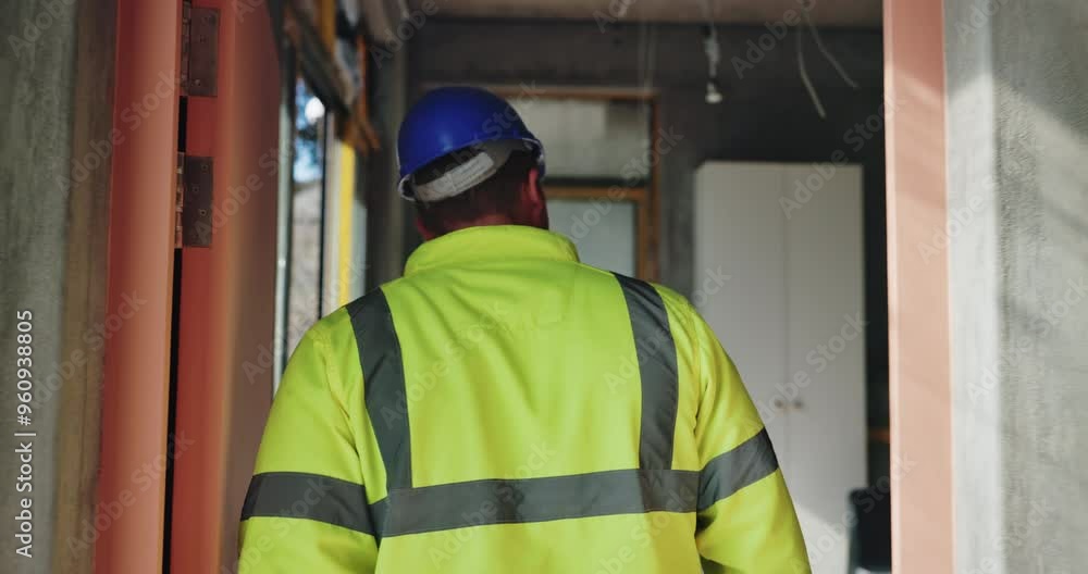 Poster Back, building and walking with construction worker man on site for architecture or inspection. Engineering, industry and safety with professional contractor for maintenance or project management