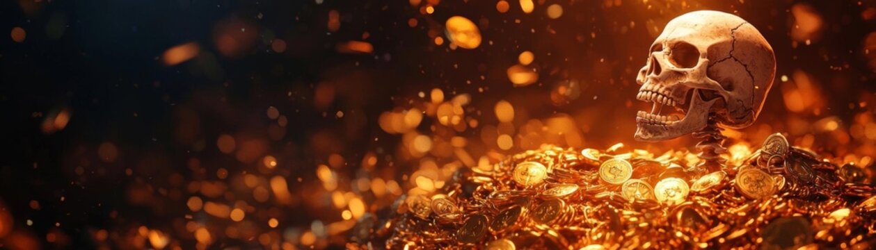 Skeleton pirate, guarding treasure in dark cave, eerie glow, Watercolor style