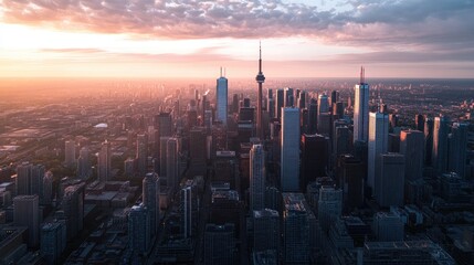 A bustling yet distant cityscape at dusk, with shadows stretching and the last sunlight on tops of buildings.