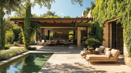 Fototapeta premium Refined magazine page with images of luxurious living spaces and verdant gardens,