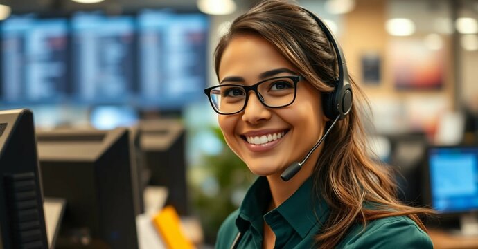 Smiling customer service representative wearing headset