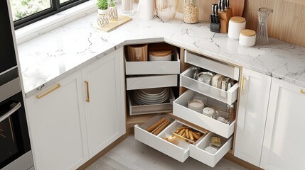 Kitchen access mechanism Magic corner for Blind Corner Cabinets. Solution for a kitchen corner storage in cupboard. Corner unit with pull out shelves for cookware.