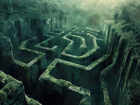 An aerial view of a stone maze covered in moss with a misty atmosphere.