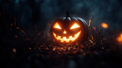 A glowing jack-o'-lantern stands in the dark, surrounded by eerie mist, capturing the essence of Halloween night.