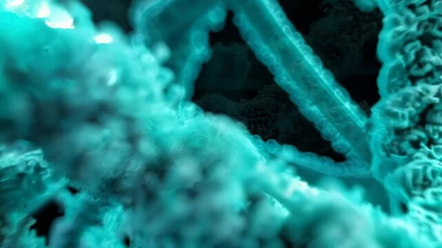 Turquoise octahedrons float in quantum foam. Self-assembling nanotech scaffold reveals intricate components. Bioluminescent particles interconnect through quantum entanglement. 