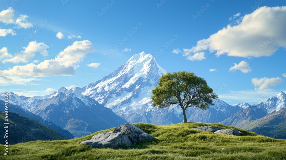 Poster a lone tree stands in a grassy field in front of a mountain range