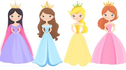 Four Cartoon Princesses in a Charming and Colorful Style, Featuring Distinctive Outfits and Magical Elements