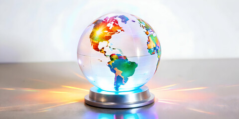 Vibrant Holographic Globe with Labh Pancham Symbol and Copy Space - Futuristic Technology Concept with Illuminated Design Elements, Isolated on White Background. Ideal for Science, Innovation, and Abs