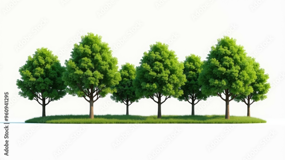 Poster a row of trees with green leaves and a grassy field in the background