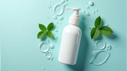 A bottle of lotion is on a table with a green leaf and water droplets