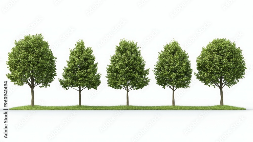 Poster a row of five trees are lined up on a white background