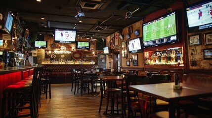 Empty sports bar interior with tv screen