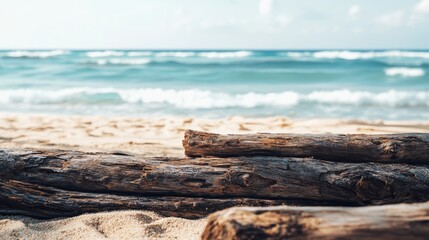 Driftwood on Sandy Beach with Blurred Ocean Background