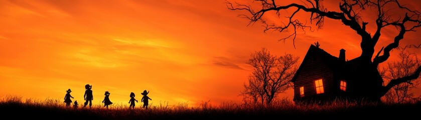 A group of children walking towards a spooky house at sunset, set against an ominous sky with silhouettes of trees and grass.