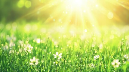 Fototapeta premium Sunny Meadow with Green Grass and White Flowers