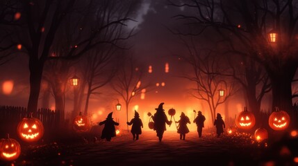 Naklejka premium A haunting Halloween night with glowing pumpkins and silhouetted figures walking through a mystical forest.