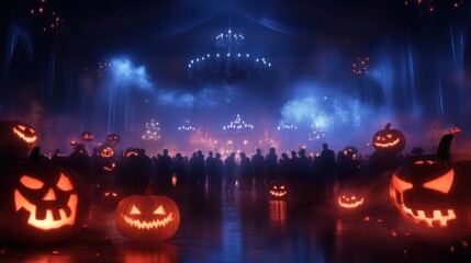 A haunting Halloween scene featuring glowing pumpkins and a mysterious atmosphere filled with shadows and blue light.