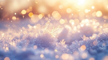 Close-Up View of Frozen Crystals in the Winter Sun with Bokeh Background