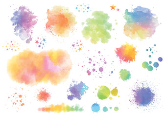 カラフルな水彩風テクスチャとしぶきと星のあしらいセット