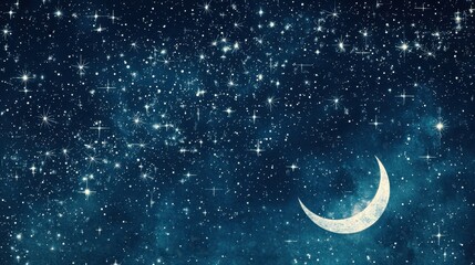 Naklejka premium Night Sky with Crescent Moon and Stars