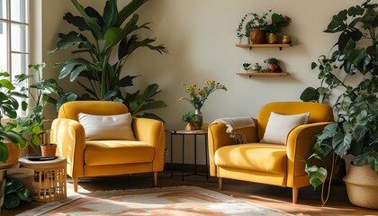 Warm and inviting living room with mustard yellow armchairs, a small table, and lush indoor plants for a cozy retreat