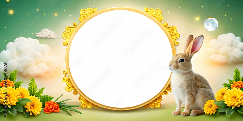 Poster jade rabbit and moon border frame with copy space: mid autumn greetings concept - a beautiful border