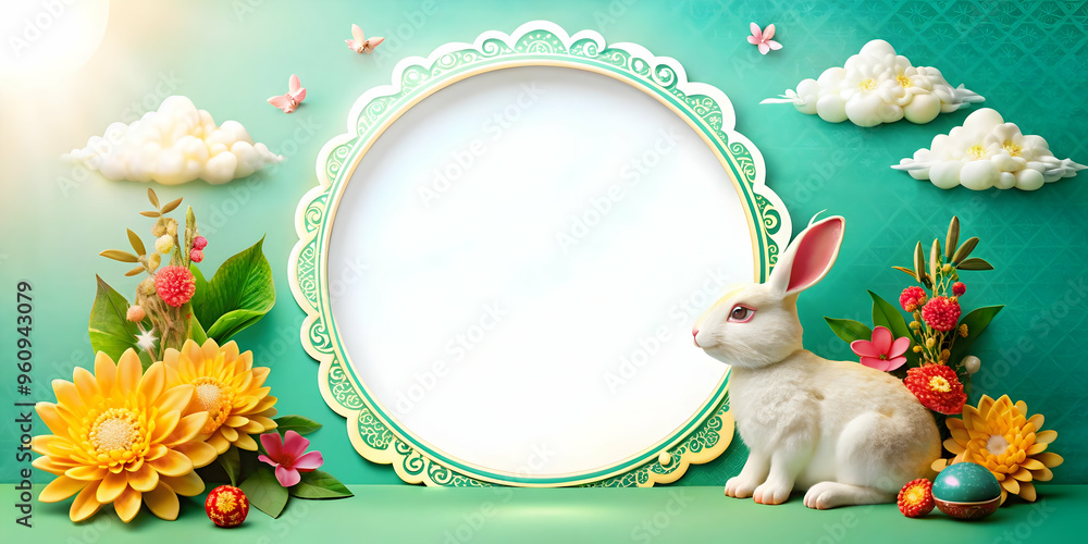 Poster mid autumn greetings: jade rabbit and moon border frame with copy space - elegant design for festive