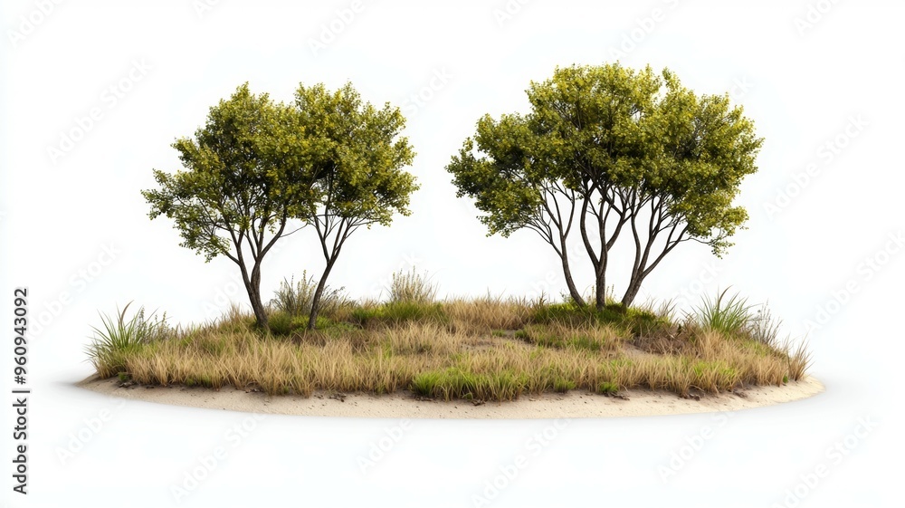 Poster two trees are standing in a field of grass