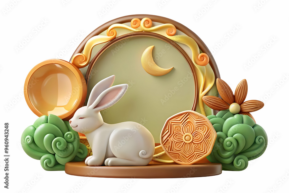 Poster mid autumn greetings: jade rabbit and moon border frame with copy space - festive border frame desig