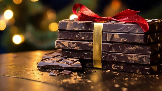 Luxurious dark chocolate bars stacked with red ribbon and gold thread, perfect for christmas gift. Delight any chocolate lover during holiday season
