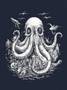 recommend clip art: A large octopus with eight tentacles, surrounded by seagulls and a shipwreck