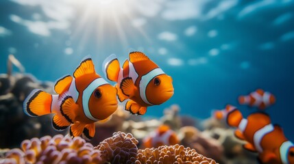 Close-up of several clownfish swimming around a colorful coral reef underwater, displaying vivid orange and white patterns in clear water.
