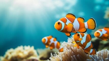 Close-up of several clownfish swimming around a colorful coral reef underwater, displaying vivid orange and white patterns in clear water.
