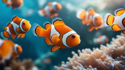 Close-up of several clownfish swimming around a colorful coral reef underwater, displaying vivid orange and white patterns in clear water.