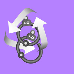 Two handcuffs with keys attached to a vector illustration, surrounded by three curved arrows pointing clockwise in a purple background. Suitable for security crime and law content