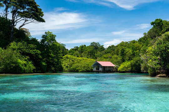 Tropical Waterfront Hut on the Pristine Island of Escudo de Veraguas, Panama, Surrounded by Crystal Clear Waters and Lush Nature, Perfect for an Eco-Friendly Getaway or Remote Vacation