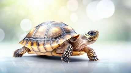 Obraz premium A small turtle is standing on a white surface