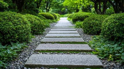 Stone Path through Lush Green Garden with Gravel