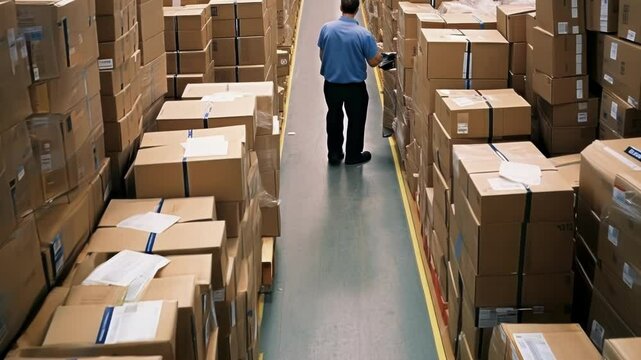Warehouse worker is standing in a narrow aisle, surrounded by stacks of cardboard boxes on pallets. He is holding a scanner in his right hand and is managing inventory