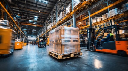 Industrial logistics scene with a pallet carrying oversized, heavy machinery components, surrounded by forklift trucks and warehouse workers in motion
