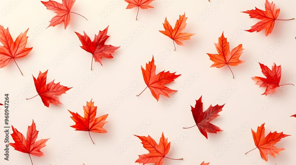 Poster vibrant red maple leaves gracefully floating against a light beige background creating a captivating