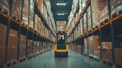 Fototapeta premium Industrial scene of a forklift operator expertly placing a pallet on a tall rack, surrounded by stacked goods, capturing the essence of warehouse work
